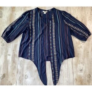 Bob Timberlake Long Sleeve Blouse Navy Boho Embroidered Peasant Women's XL